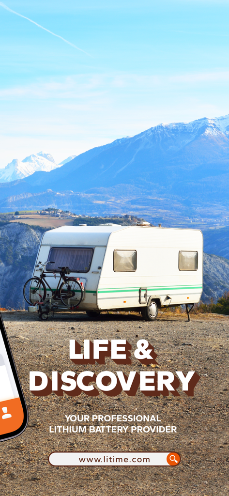 LiTime - A white camper trailer parked in a mountainous landscape with the text Life and Discovery and LiTime battery provider.