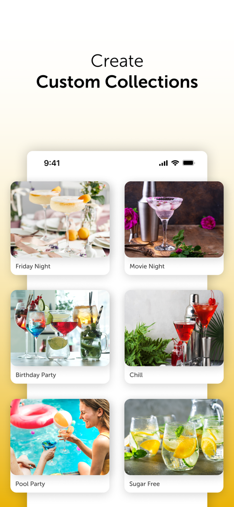 Mixology - Bartender App - Schermata dell'app mobile che mostra collezioni di cocktail personalizzate per occasioni come feste di compleanno e feste in piscina