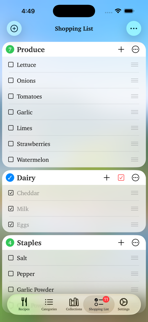 Personal Cookbook - A categorized grocery shopping list in the Personal Cookbook app featuring produce dairy and staples sections