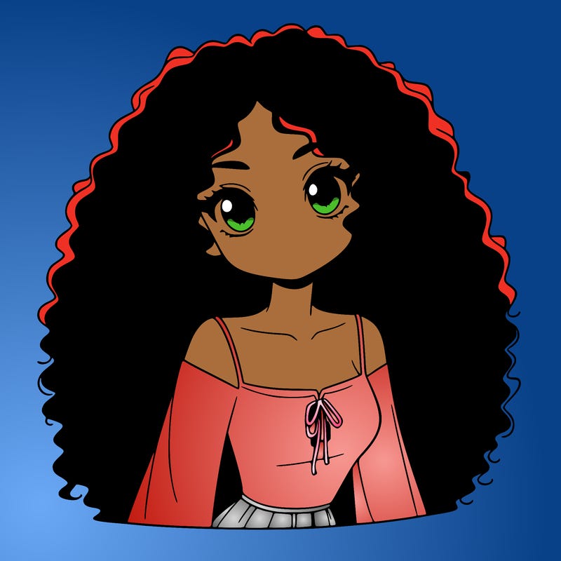 a black anime girl with long afro hair