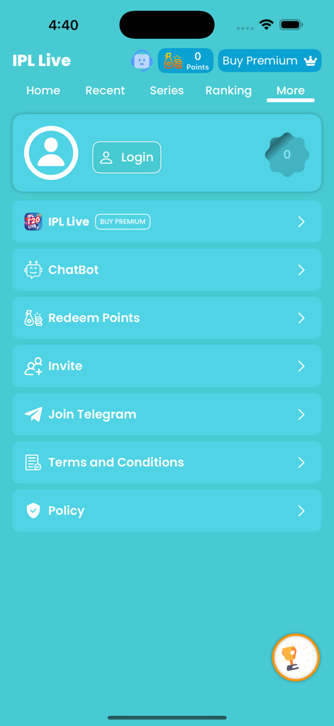 La pantalla del menú Más de la aplicación de críquet en vivo IPL que muestra el inicio de sesión del perfil de usuario y las opciones de chatbot