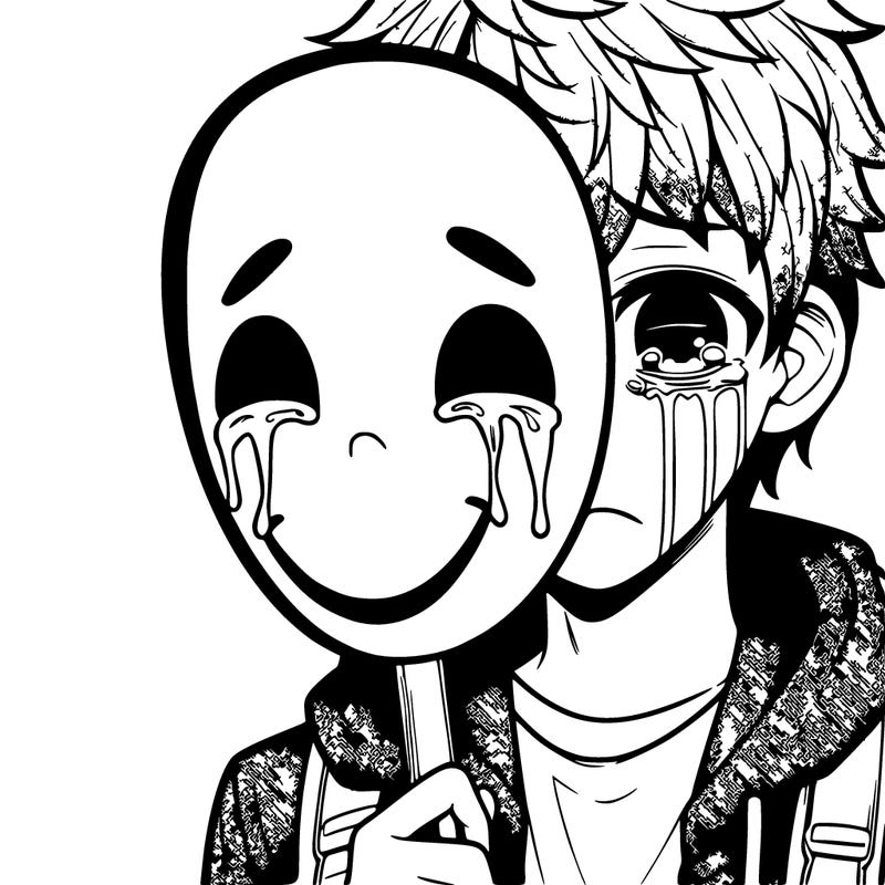 a manga carter boy wearing a smiley face mask and underneath the mask he is crying