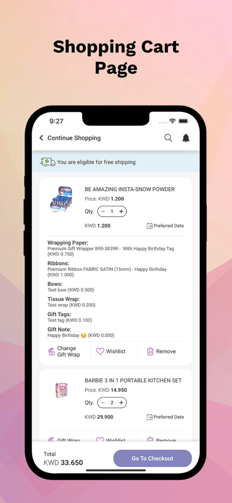 A mobile shopping cart page from the Fantasy World Toys app showing items like snow powder and a Barbie kitchen set with gift wrapping options