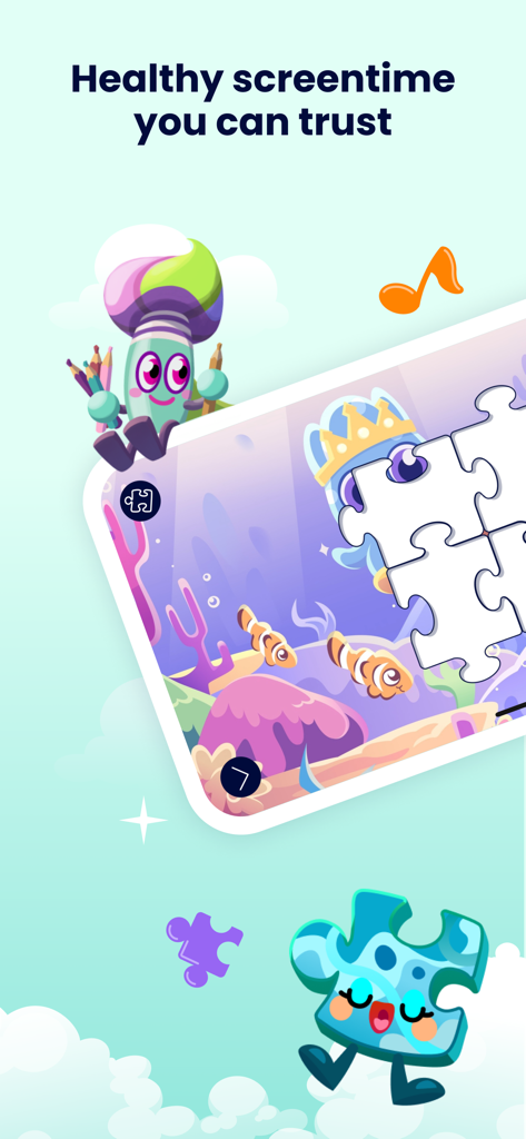 Moshi Kids: Sleep, Relax, Play - Interface de l'application Moshi Kids montrant un jeu de puzzle numérique coloré avec des personnages sous-marins amicaux et une conception adaptée aux enfants