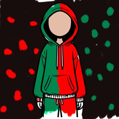 faceless girl in a tracksuit with a hood on and no hair