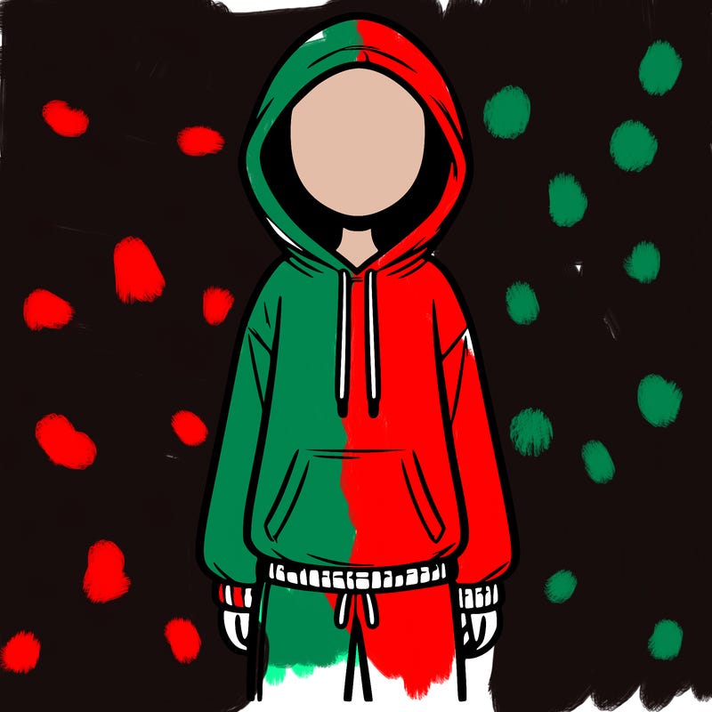 faceless girl in a tracksuit with a hood on and no hair