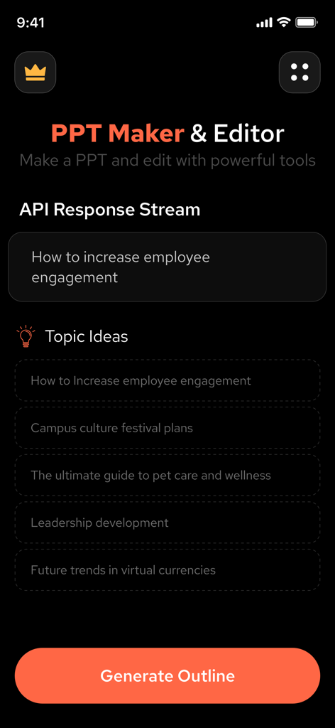 Ai PPT Maker App : PPT Editor - Pantalla de la app AI PPT Maker para seleccionar temas de presentación y generar esquemas