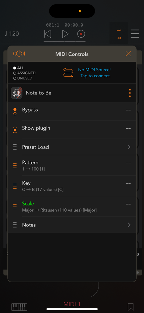 Note to Be - MIDI Quantizer - MIDI controls interface for the Note to Be app showing key scale and pattern selection settings