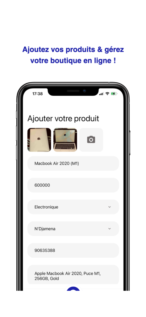 Nidora - Mobile interface of the Nidora app showing a form to add a new product listing for sale with photos and price details.