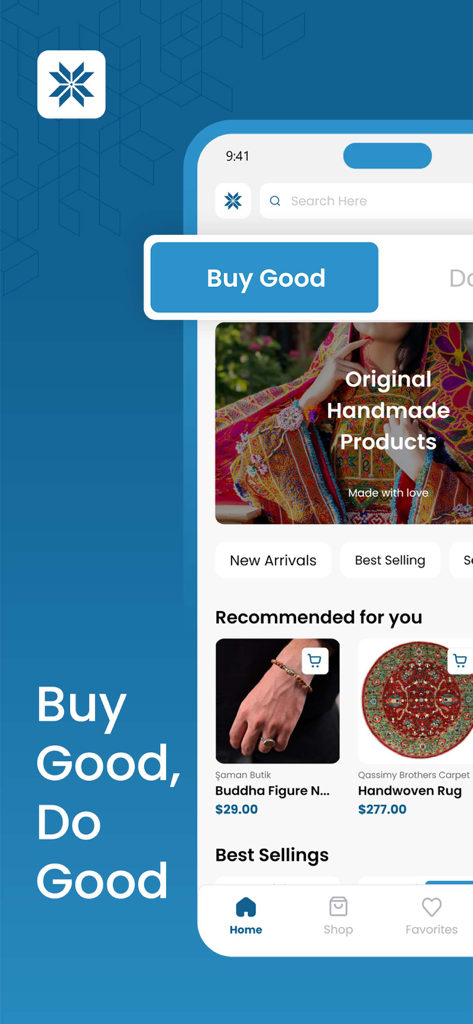 Aseel mobile app interface displaying handmade jewelry and traditional rugs for socially conscious shopping