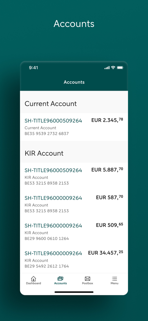 ABN AMRO Belgium PB - ABN AMRO Belgium Private Banking app accounts overview screen showing current and KIR account balances.