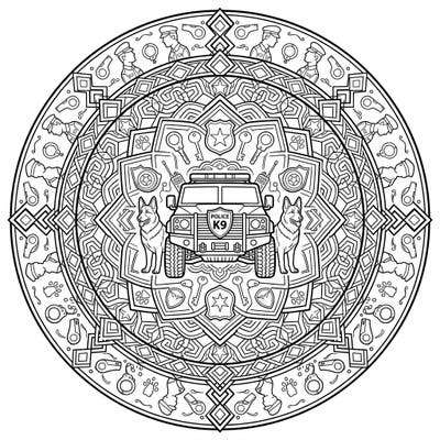 Discover an extraordinary K9 Police Vehicle Mandala coloring page, blending intricate geometric patterns with symbols of law enforcement. This unique design features a police car, loyal K9 dogs, and various police gear, offering a captivating coloring experience for enthusiasts.