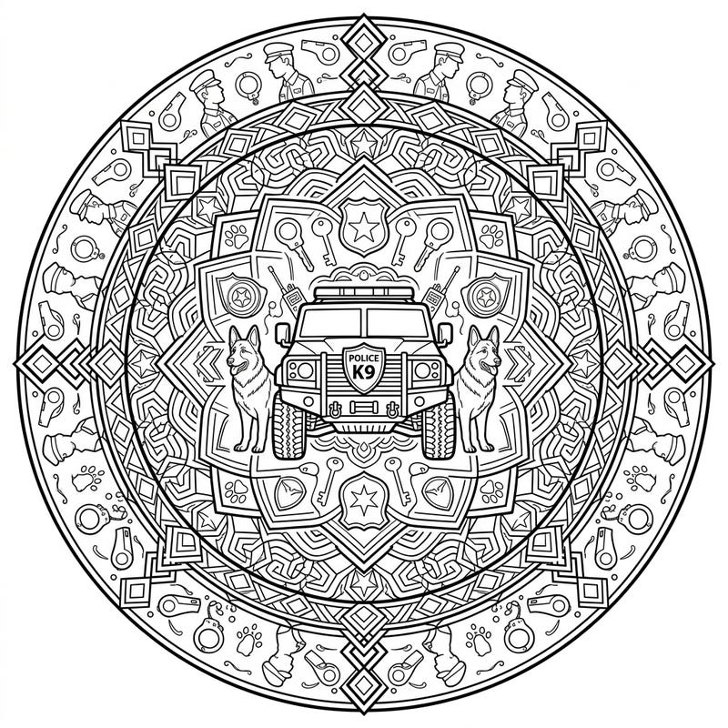 Discover an extraordinary K9 Police Vehicle Mandala coloring page, blending intricate geometric patterns with symbols of law enforcement. This unique design features a police car, loyal K9 dogs, and various police gear, offering a captivating coloring experience for enthusiasts.