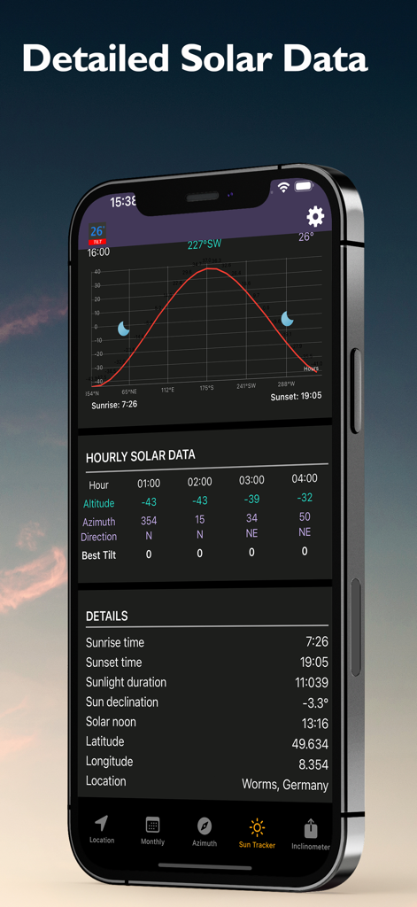 PV Solar Tilt - Schermata dello smartphone che mostra l'app PV Solar Tilt con un grafico di tracciamento solare e dati orari di altitudine e azimut.