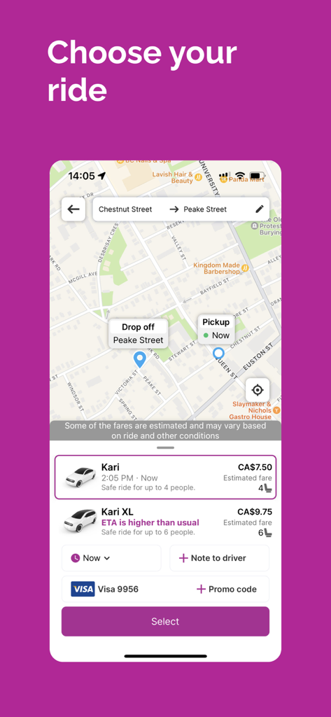 Kari - Kari mobile app screen showing ride-hailing options with estimated prices and a map for pickup and drop off locations
