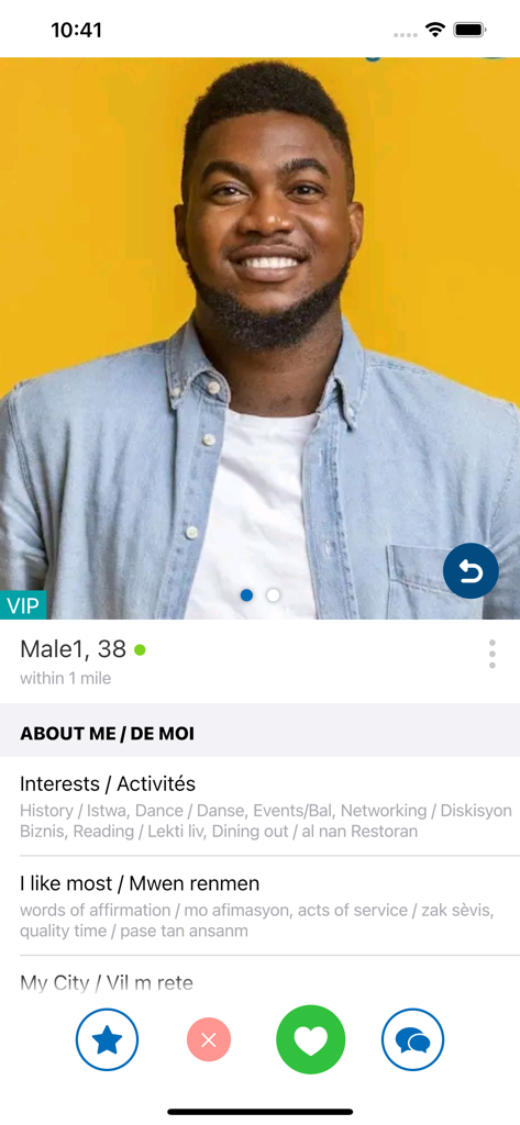 Rankontre: Match. Chat. Date. - User profile screen on the Rankontre Haitian dating app featuring a 38 year old male with sections for interests and about me in English and French.