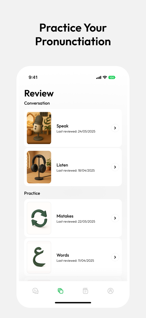 Kalam: Learn Arabic - Review screen of the Kalam Arabic learning app with speaking and listening practice modules