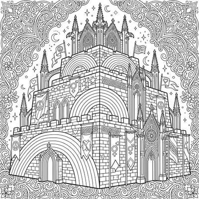 Explore a unique coloring page featuring a majestic gothic ziggurat intricately designed with vibrant Pride Month symbols. This detailed artwork offers a compelling blend of ancient architecture and modern celebration, perfect for creative expression.