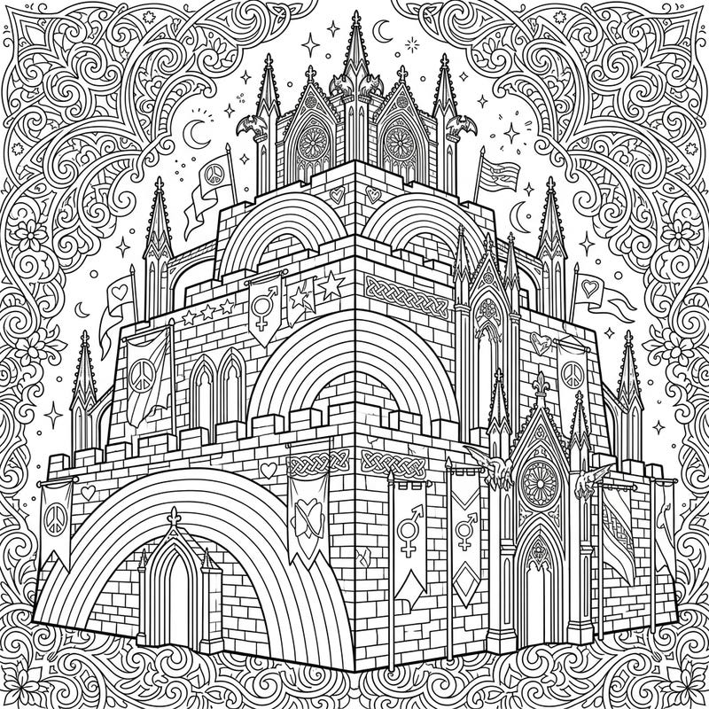 Explore a unique coloring page featuring a majestic gothic ziggurat intricately designed with vibrant Pride Month symbols. This detailed artwork offers a compelling blend of ancient architecture and modern celebration, perfect for creative expression.