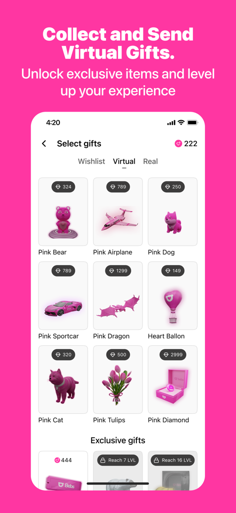 Bebs: Social Discovery & Chat - Interface of the Bebs app displaying a variety of pink virtual gifts to send to other users.