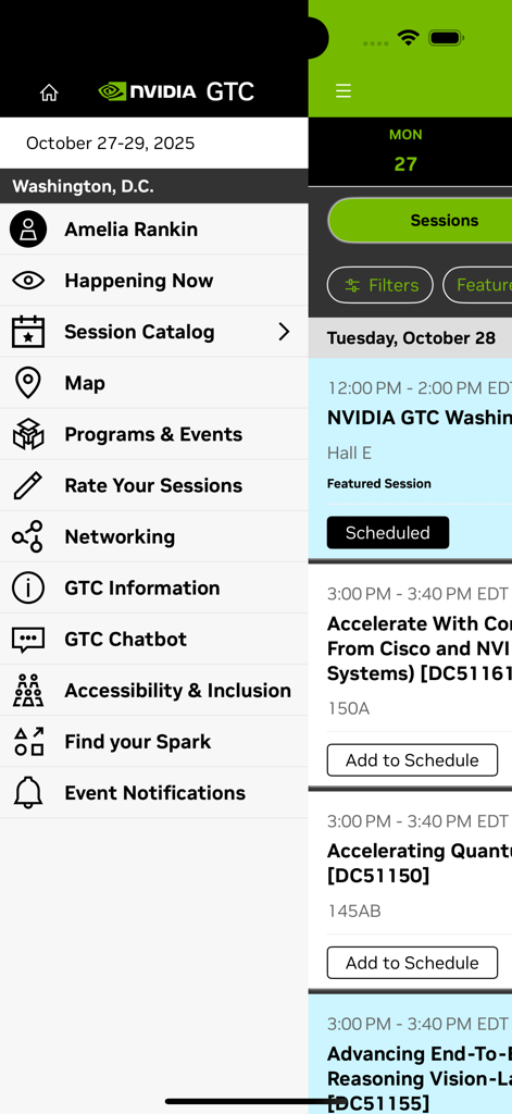 NVIDIA GTCモバイルアプリのナビゲーションメニューとセッションスケジュール。