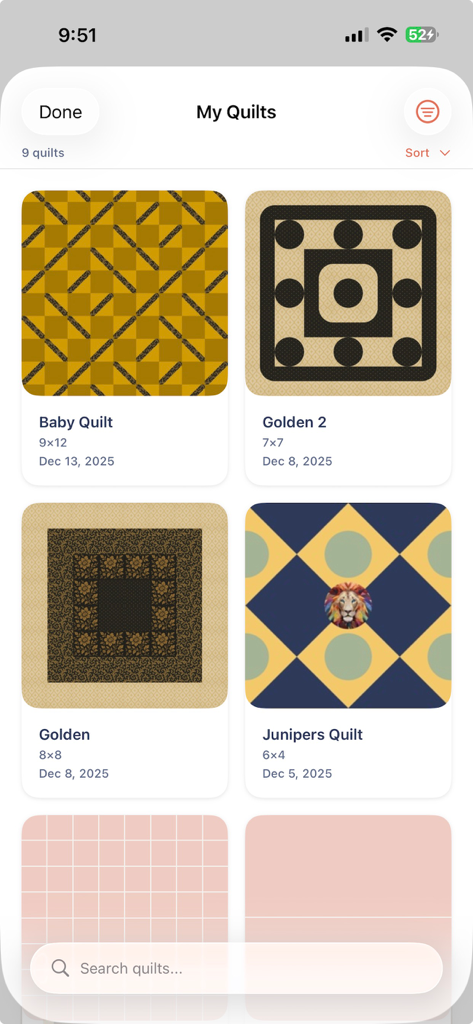 A gallery view of saved quilt design projects in the Quiltler 3 app showing different patterns and dimensions.
