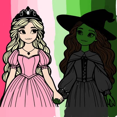 a princess and a witch holding hands realistic