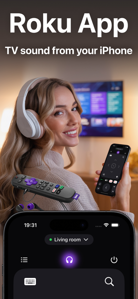 Rolu: Roku Remote - Mulher usando fones de ouvido enquanto utiliza o aplicativo Rolu em seu iPhone para transmitir áudio da TV privadamente.