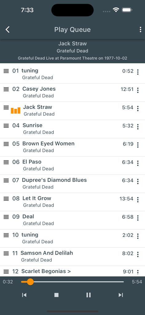 Taper's Section - Play queue of a Grateful Dead live concert in the Tapers Section app