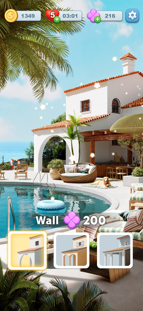 Una villa de lujo con piscina y opciones de decoración en Screw Frenzy ASMR Home.