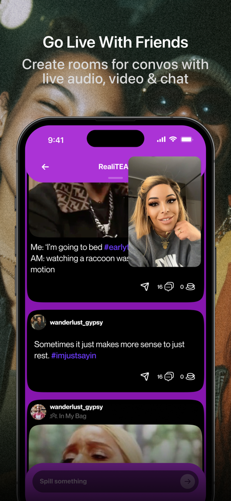 Spill app interface showing live video chat and community conversation feed