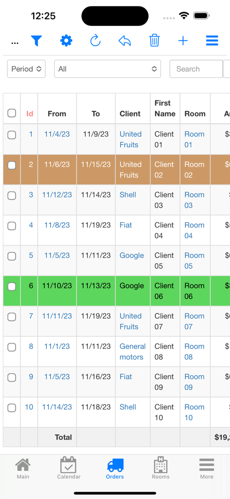 Nano Hotel Booking - A list of guest bookings and rental orders in the Nano Hotel Booking mobile app interface.