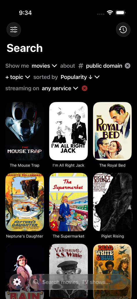 Omni - Content Hub - Search screen of Omni Content Hub showing public domain movies sorted by popularity