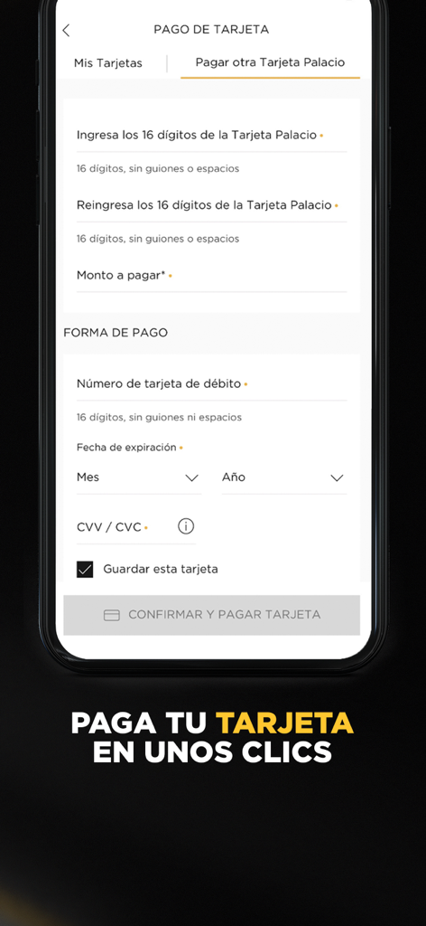 El Palacio de Hierro - Mi Palacio 앱 내에서 Tarjeta Palacio 신용카드 결제를 위한 모바일 앱 인터페이스