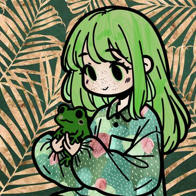 girl with long hair and a oversized shirt. and she is holding a frog