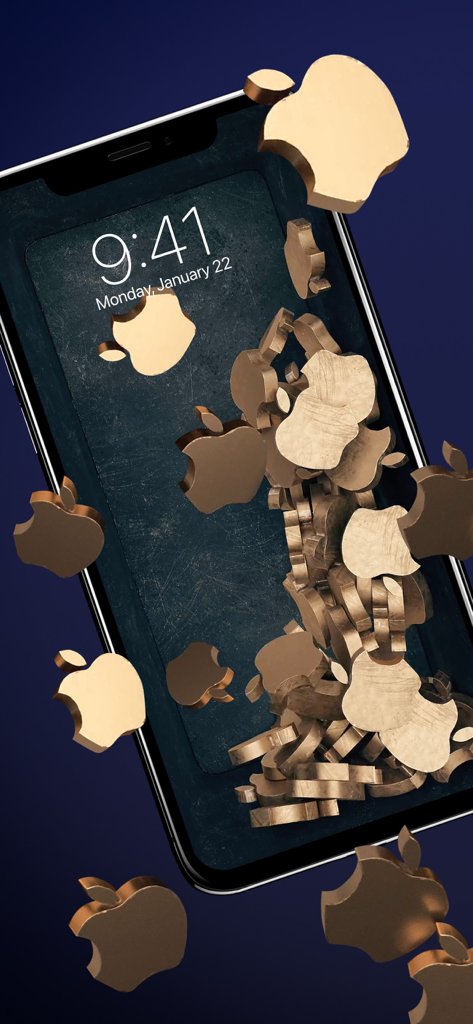 Gravity - Live Wallpapers 3D - Interactive 3D golden Apple logos on an iPhone screen using the Gravity Live Wallpapers app