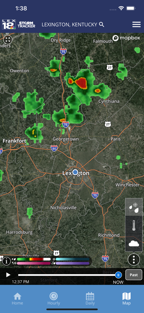 LEX18 Storm Tracker Weather app radar map showing storm activity in Lexington Kentucky