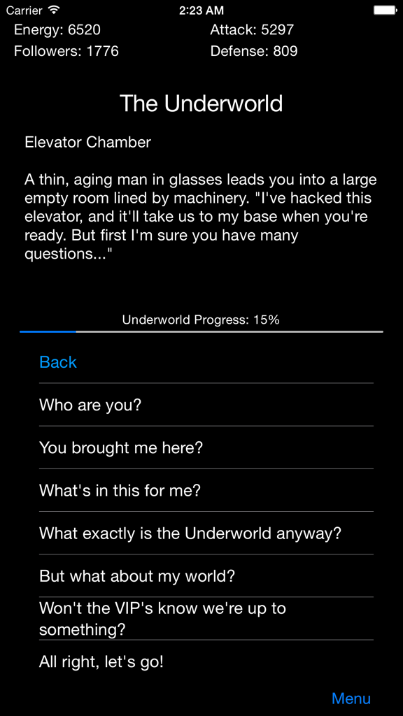 Nano Empire - Text based strategy gameplay in Nano Empire showing narrative choices and progress