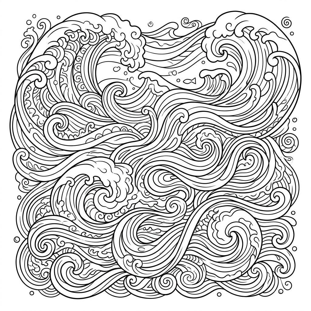 Intricate Water Wave Patterns Coloring Page for Teens