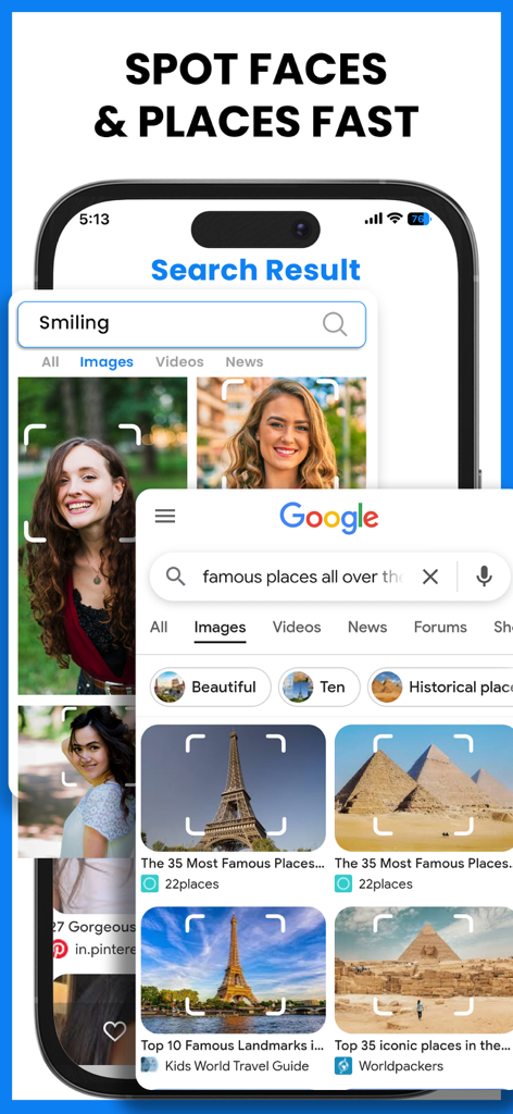 Image Search - Reverse Image - Interface of the Image Search app showing face recognition results and identification of famous landmarks like the Eiffel Tower and Pyramids.