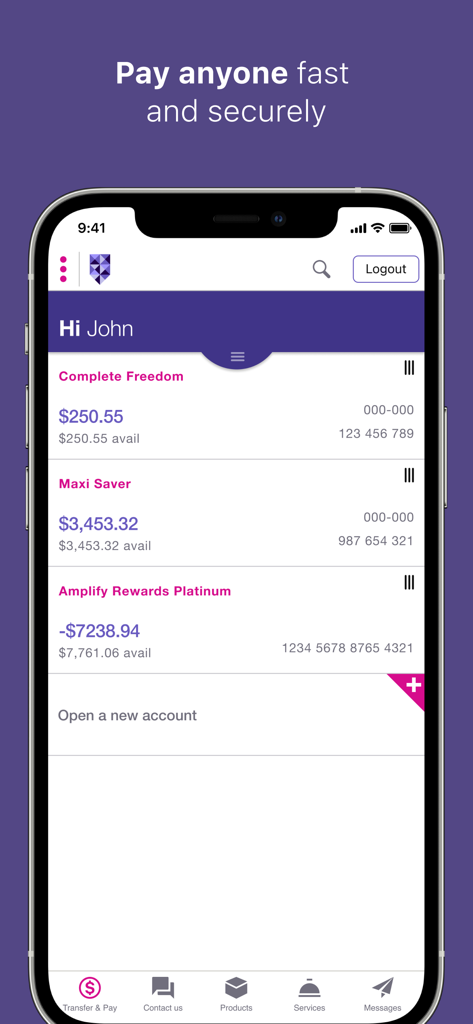 Bank of Melbourne mobile app dashboard showing multiple account balances and navigation menu for transfers and services