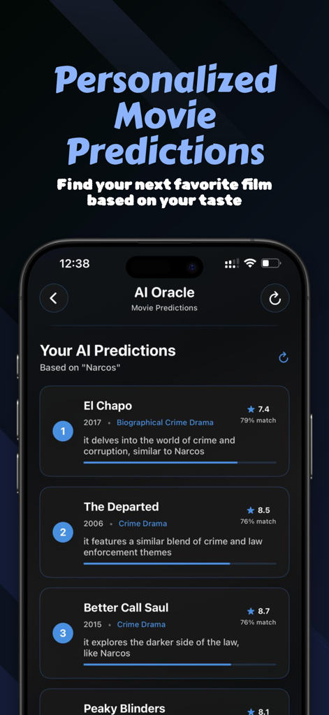 Écran de prédictions de films par IA de l'application Sflix basé sur Narcos, y compris El Chapo et Les Infiltrés