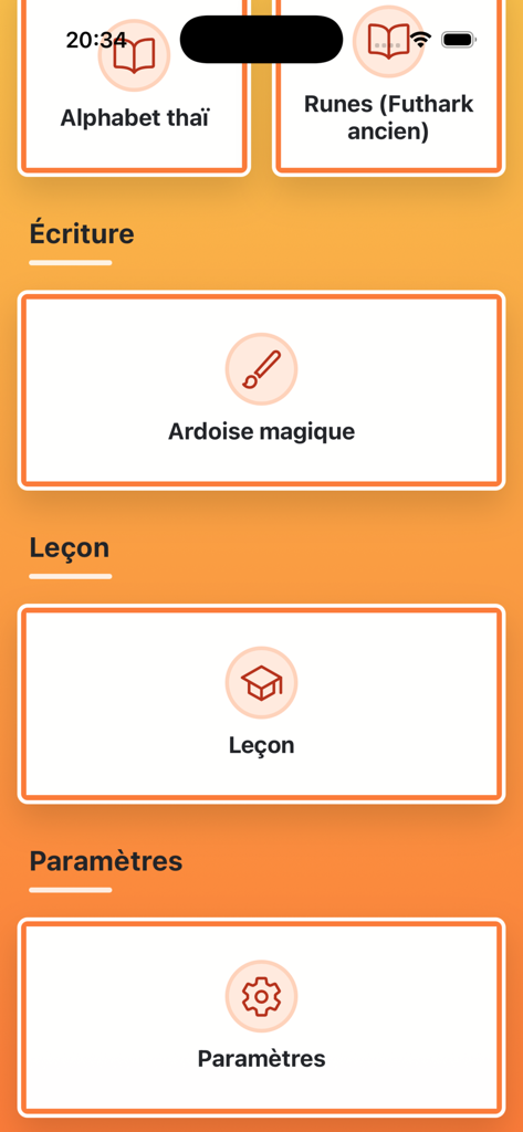 Menu interface of the J'apprends l'Alphabet ABCD app showing sections for writing lessons and settings.