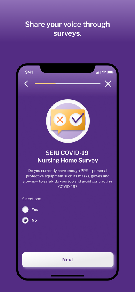 SEIU Healthcare - Interface of the SEIU Healthcare app showing a survey for nursing home workers regarding PPE safety.