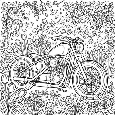 Discover the perfect blend of cool machinery and natural beauty with this unique bobber motorcycle coloring page. Immerse yourself in a detailed spring scene, adorned with blooming flowers and delightful wildlife.