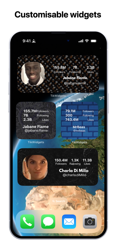 Customizable TikTok statistics widgets on an iPhone home screen showing real-time follower counts and likes