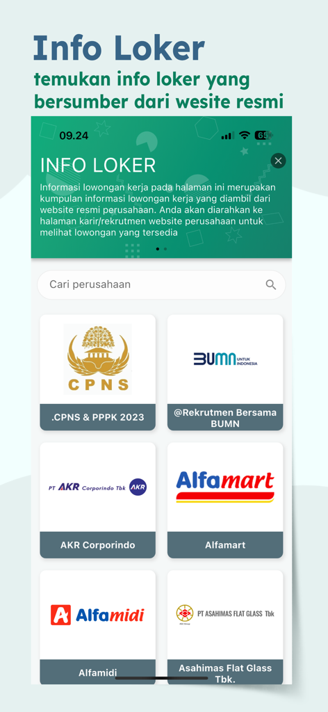Lamaranku - A mobile screen from the Lamaranku app showing various job vacancy categories and company listings for recruitment.