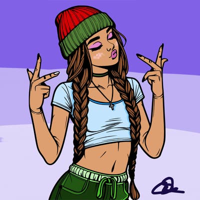 realistic teenage girl with braids and a beanie and crop top doing 🫶🏼