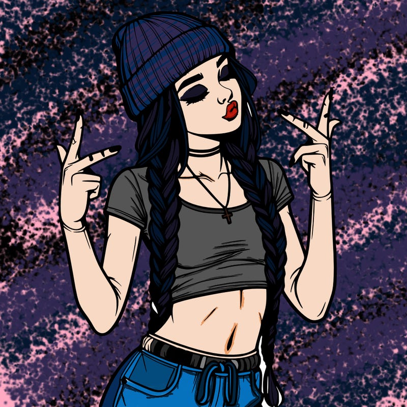 realistic teenage girl with braids and a beanie and crop top doing 🫶🏼