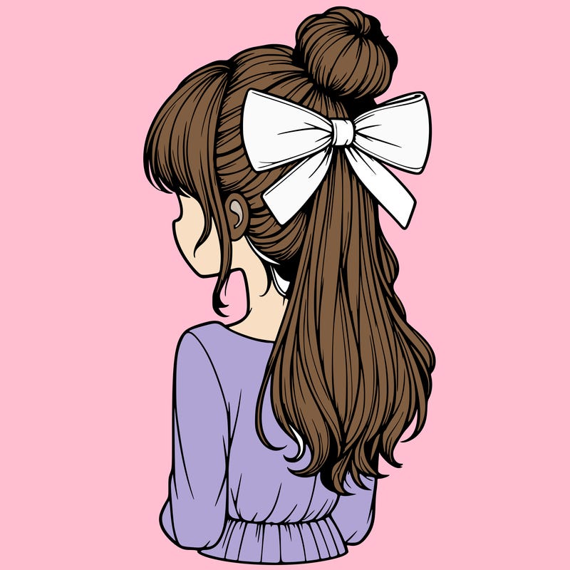 realistic girl  with hip length hair a bun and a big bow on the back of head